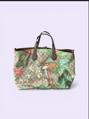 Gucci Brown Monogram Tote with Green Floral & Bird Print